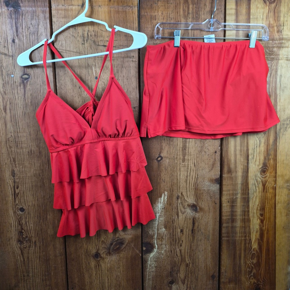 Catalina Red Tiered Ruffle Tankini Top and Swim Skirt Set L 12-14